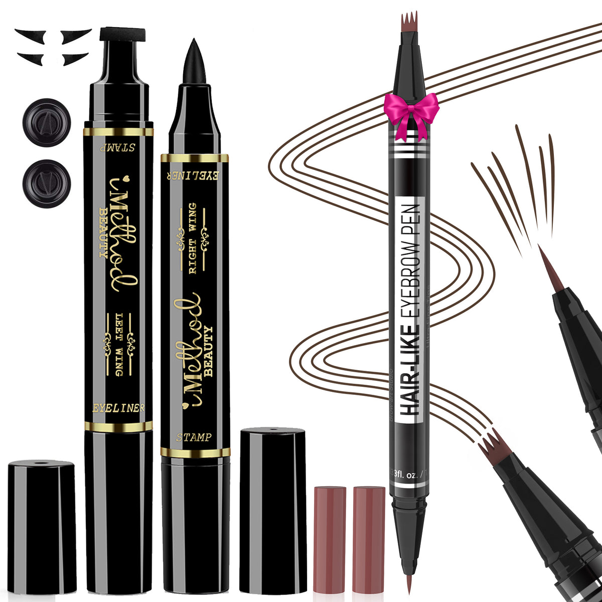 iMethod 2-in-1 Hair-Like Eyebrow Pencil & Eyeliner Stamp Set: Dual-ended brow pen with 4-fork tip and winged eyeliner stamp for effortless, salon-perfect brows and cat eyes.