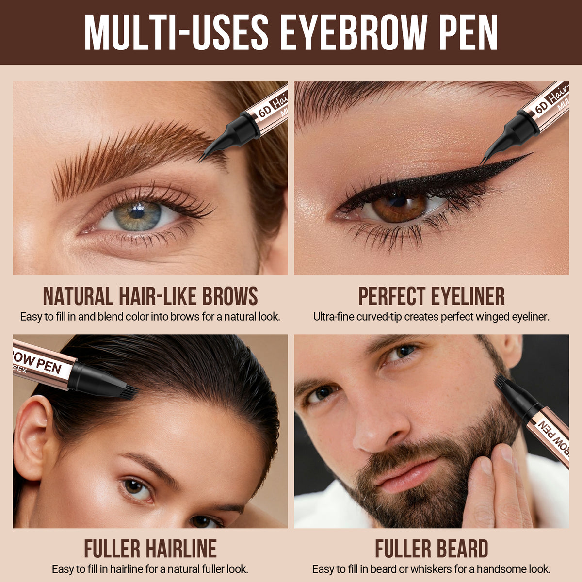 iMethod 6D Hair-Like Finish Multi-Use Unisex 2-in-1 Brows & Beard Pen, Waterproof Wear, Smudge-Proof, 3ML Long-Lasting Ink for Natural Fuller Look