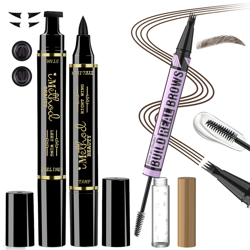 iMethod 2-in-1 Eyebrow Pen and Gel & Eyeliner Stamp Set：Dual-ended 4-fork eyebrow pen with clear gel + winged eyeliner stamp.